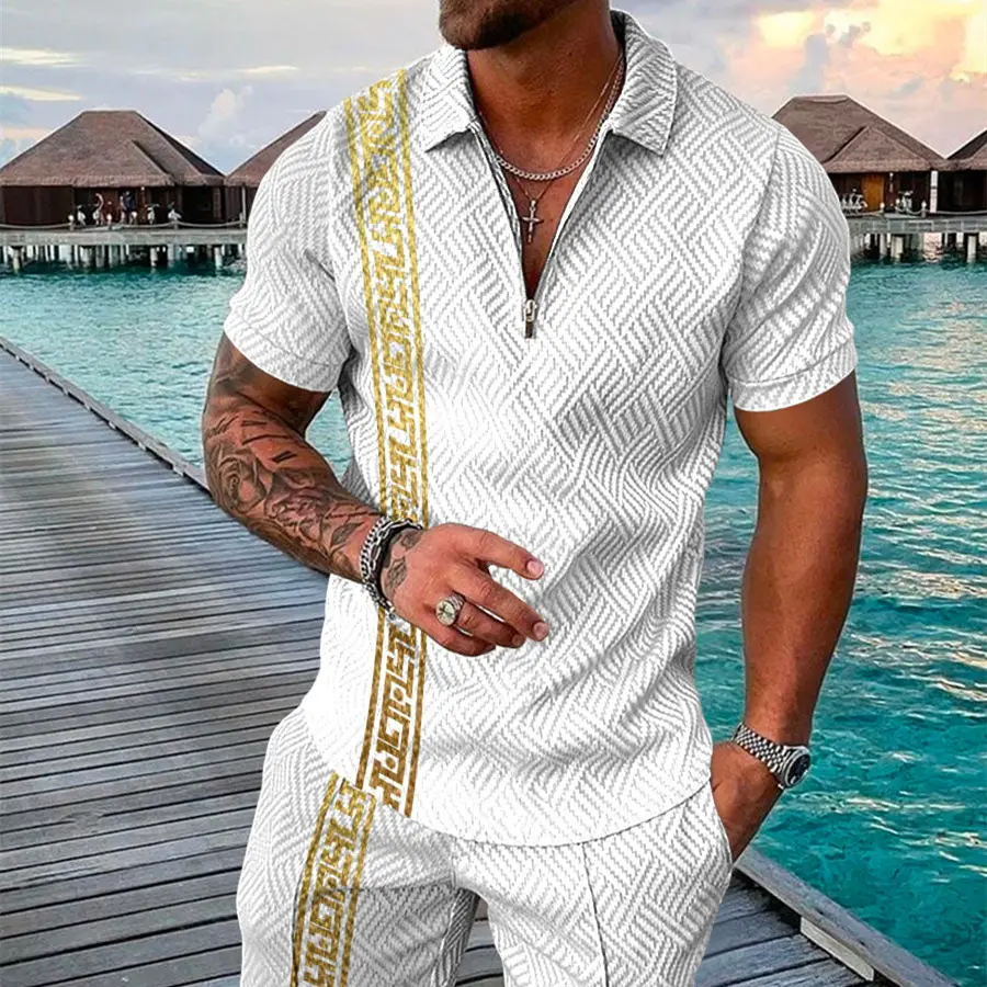 Men's Summer Fashion 3D Printed Short Sleeve Geometric Zip