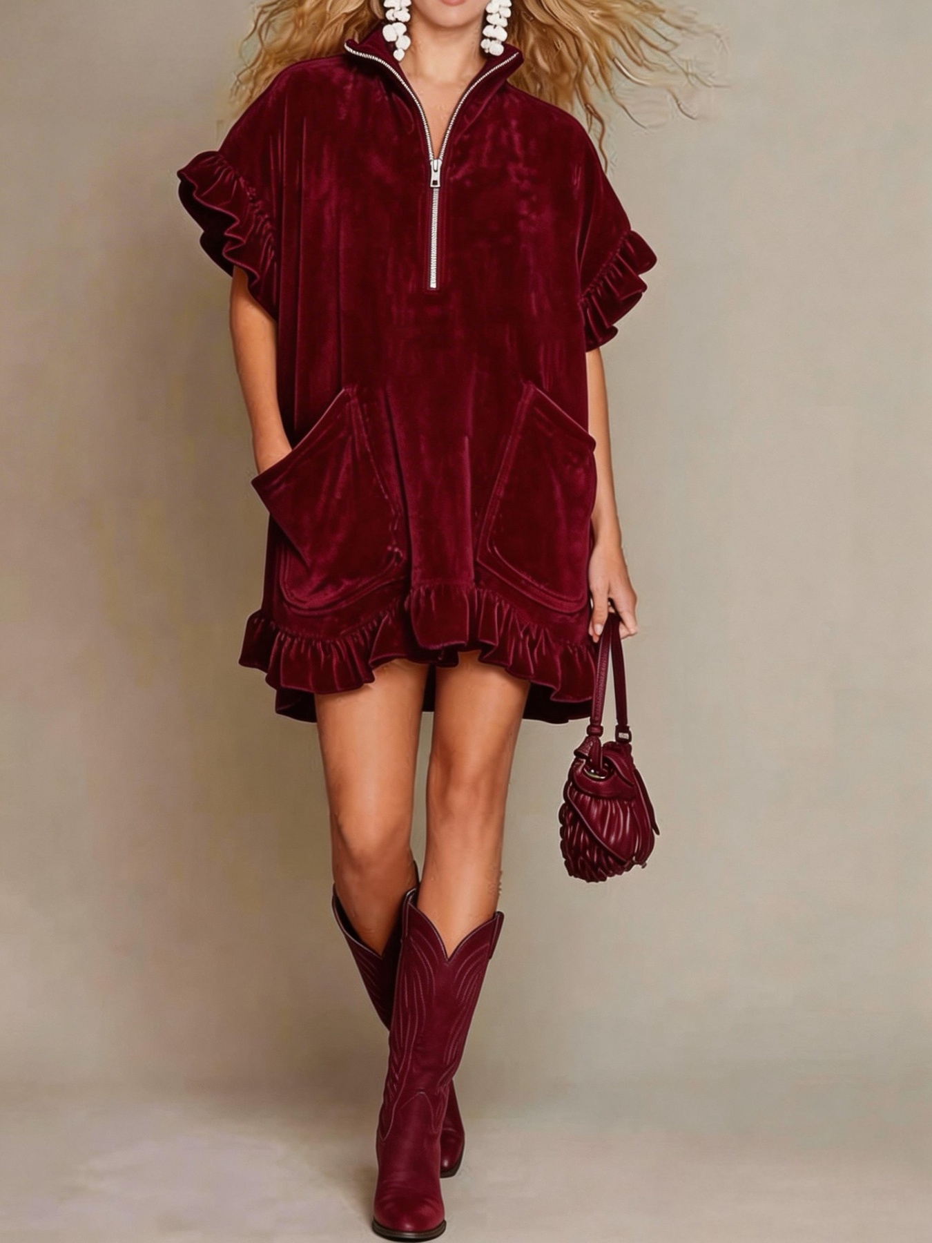 Women's New Spring And Summer Short-sleeved Double Pocket Dress Zipper Ruffle Sleeve A-line Skirt For Women