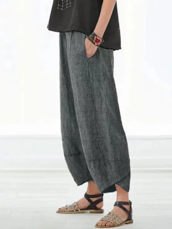Women's New Solid Color Pocket Cotton And Linen Casual Pants Grey - Shop at LoveMi