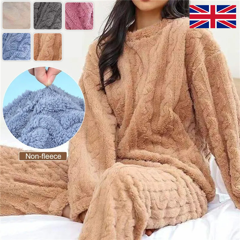 Women Winter Warm Coral Fleece Pajamas Set Comfy Sleepwear Xmas Nightwear Pjs UK