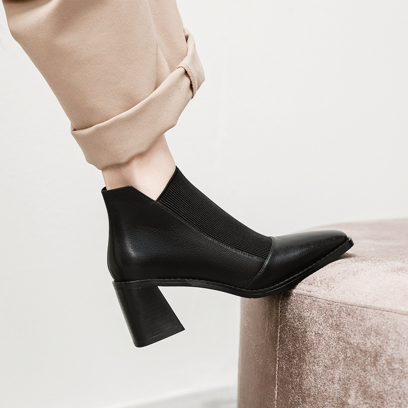 Chunky Heel Short Boots Simple Elastic Mid-heel