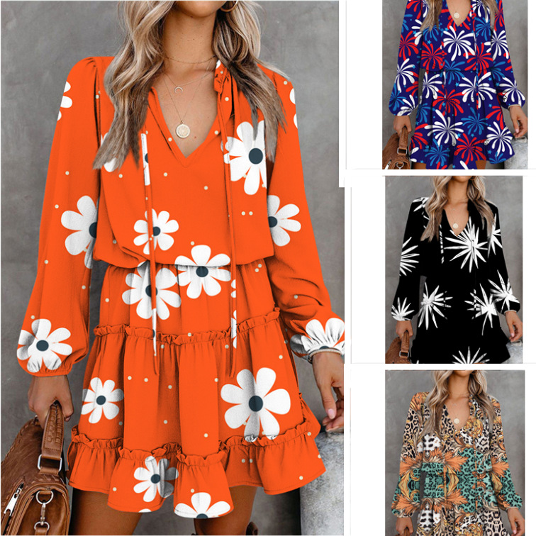 European And American Women's Ruffled Fashion Print Dress