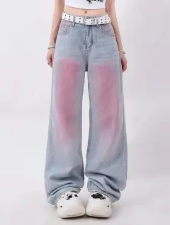 American Retro Graffiti Gradient Design Dopamine Wear Straight-leg Trousers Tide - Light Blue - View 1