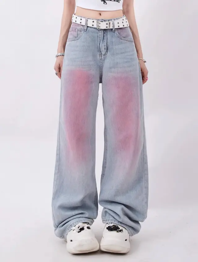 American Retro Graffiti Gradient Design Dopamine Wear Straight leg Trousers Tide Light Blue - Shop at LoveMi