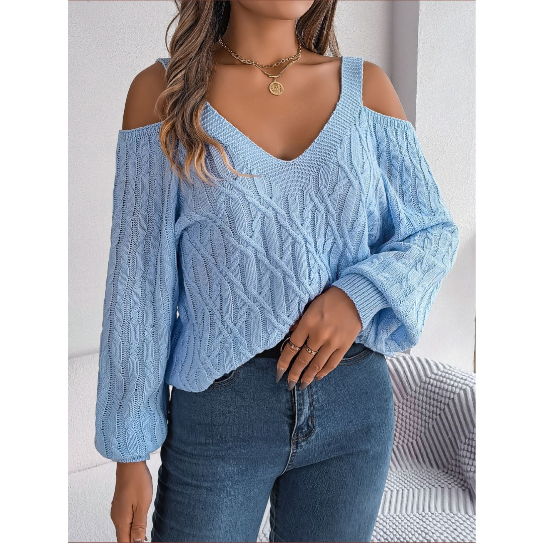 Fried-Dough Twist Off-Shoulder Lantern Sleeve Sweater