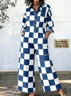 Checkerboard Denim-patterned Jumpsuit With Wide Legs - Style1-S - View 1