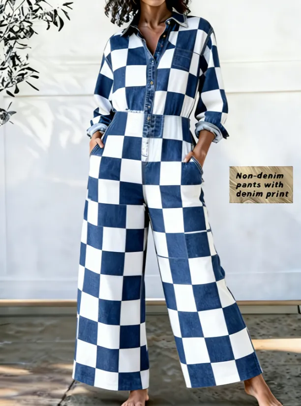 Checkerboard Denim-patterned Jumpsuit With Wide Legs - Style1-S