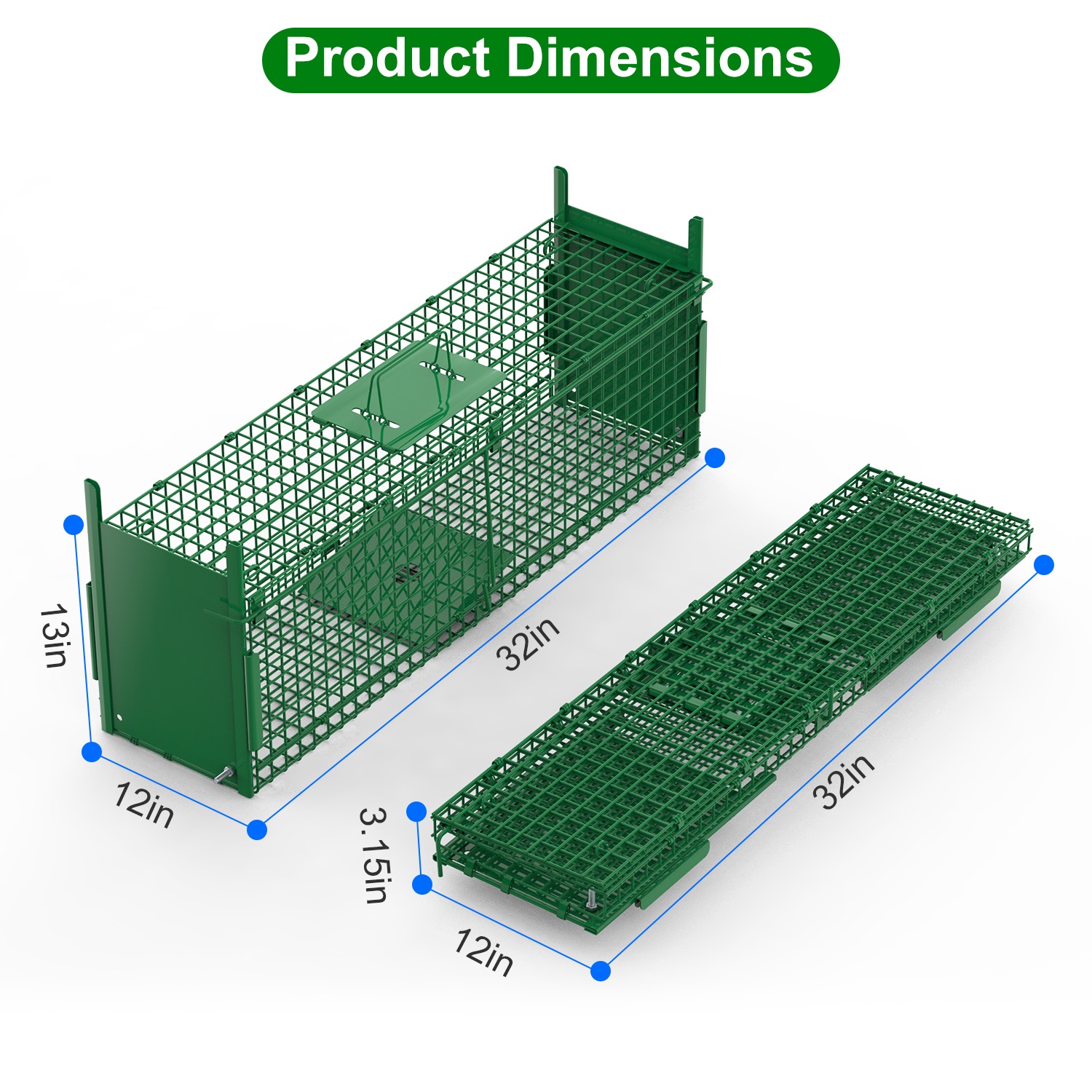 32in 2 Door Live Animal Cage Trap With Glove Green For Animals Under 12LBS Easy To Setup Humane Galvanized Iron Trap Cage For Rabbits Groundhogs Skunk Opossums Nutria Stray Cats 4
