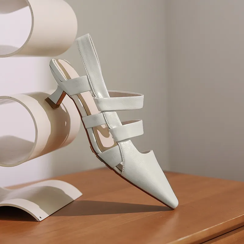 Women's Full Leather Toe Cutout Stiletto Heel Shoes - White