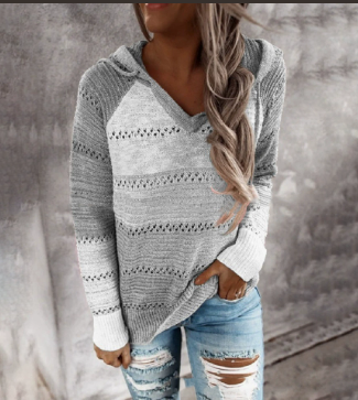 Color Blocking Hollowed Out Striped Hooded Knitted Long Sleeved Top