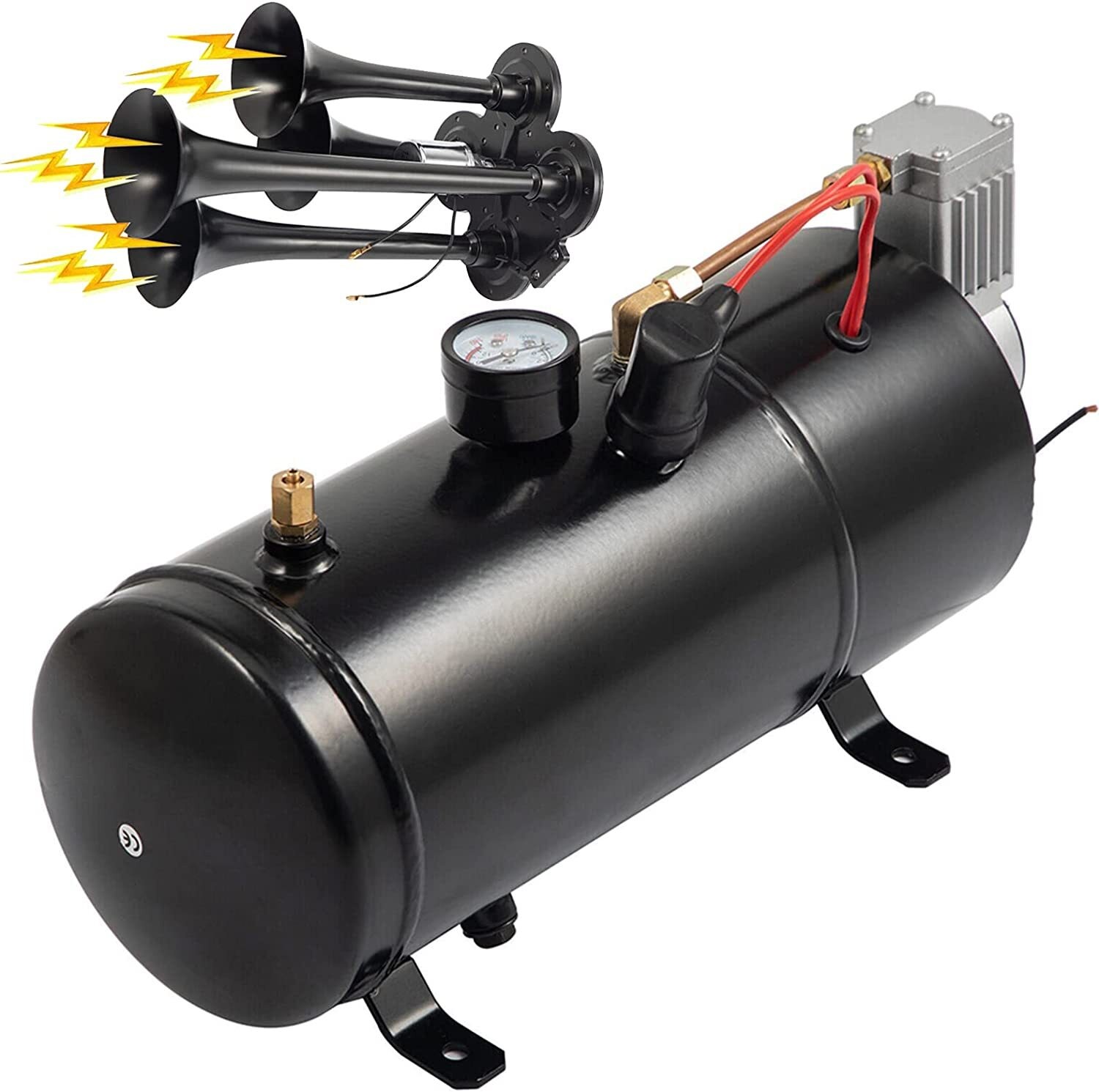 Air Horn Truck Train Horns Kit 12 Volt With Compressor 4 Trumpet 150db Black — image 8