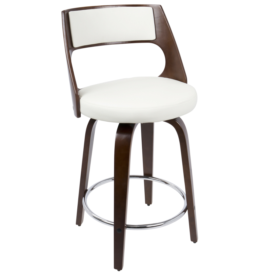 Mid-Century Modern Counter Stool With Swivel In Cherry And White Faux Leather - Set Of 2