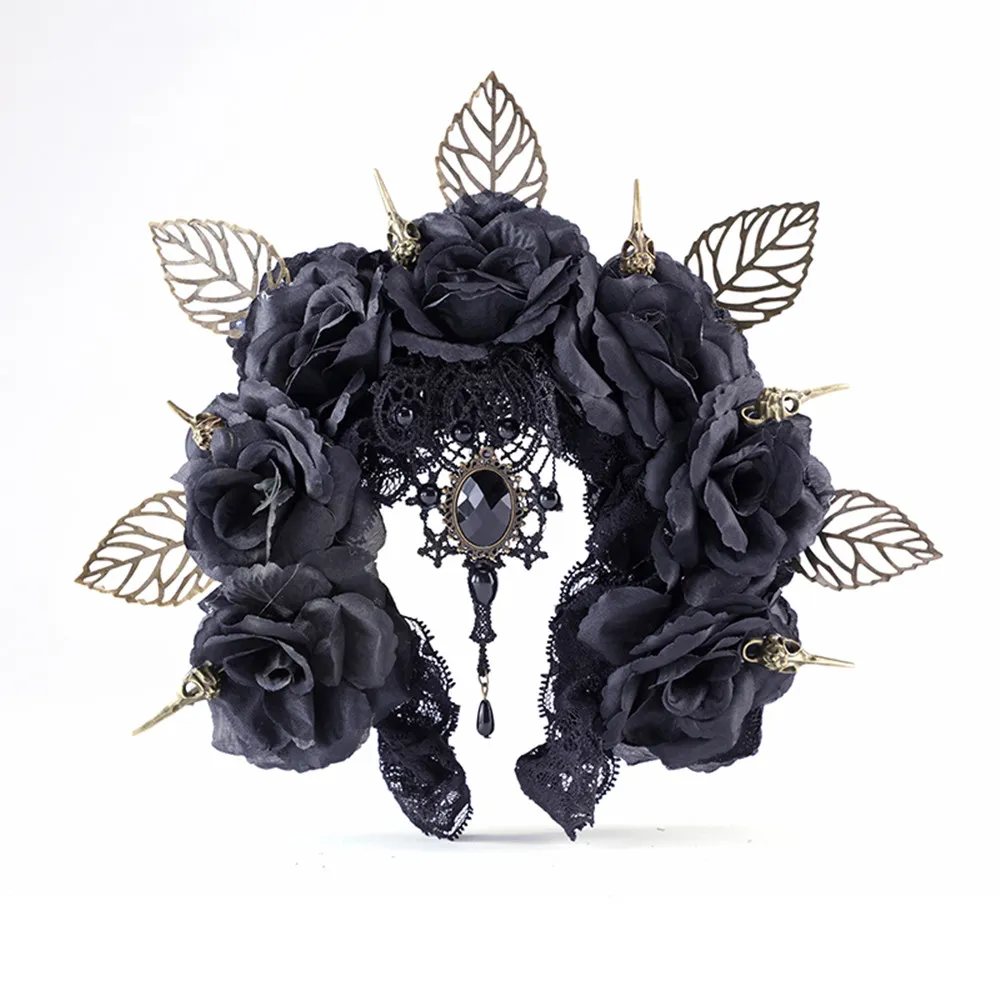 Dark Bird Bone Hair Hoop Halloween Rose - Black