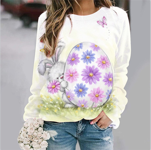 Women's Bunny Print Shoulder Plunge Long Sleeve Top