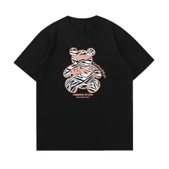 Pure Cotton Loose Zebra Bear Three-dimensional Printing Men's Handsome Short-sleeved T-shirt - Black - View 1