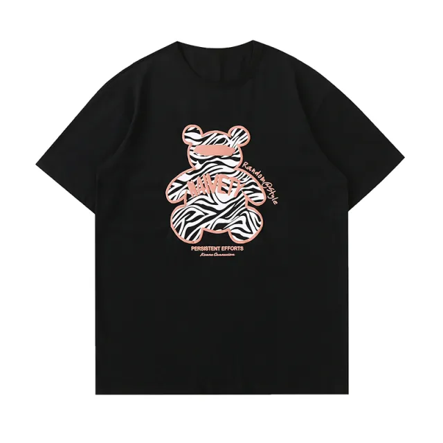 Pure Cotton Loose Zebra Bear Three dimensional Printing Men's Handsome Short sleeved T shirt Black - Shop at LoveMi
