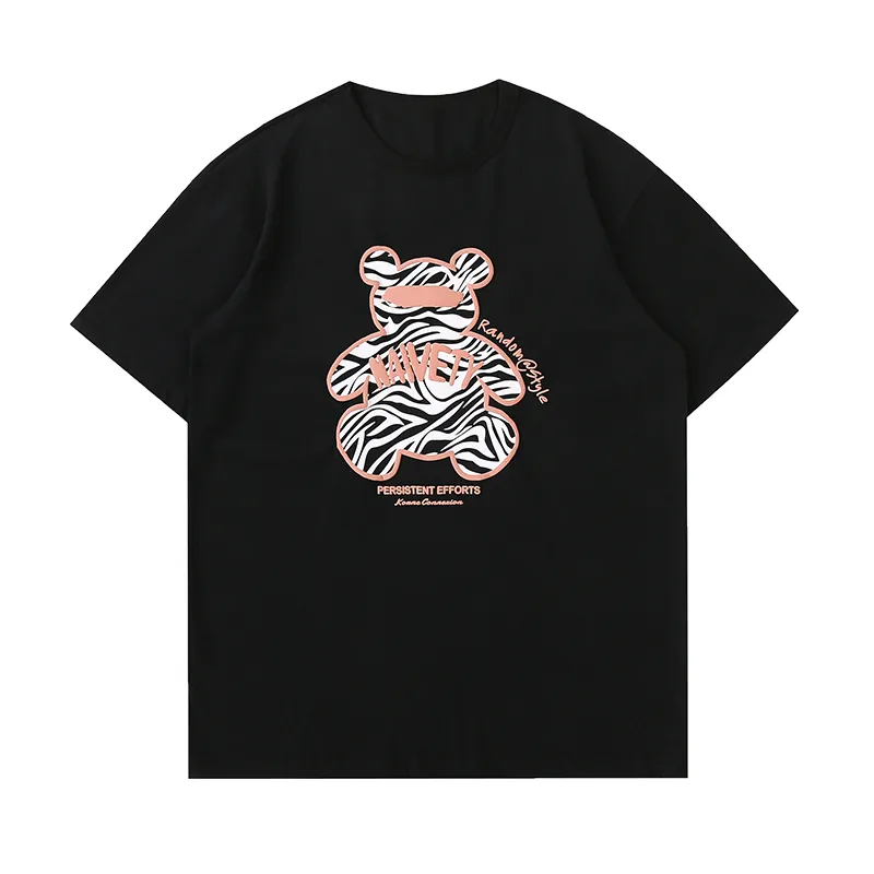 Pure Cotton Loose Zebra Bear Three-dimensional Printing Men's Handsome Short-sleeved T-shirt - Black