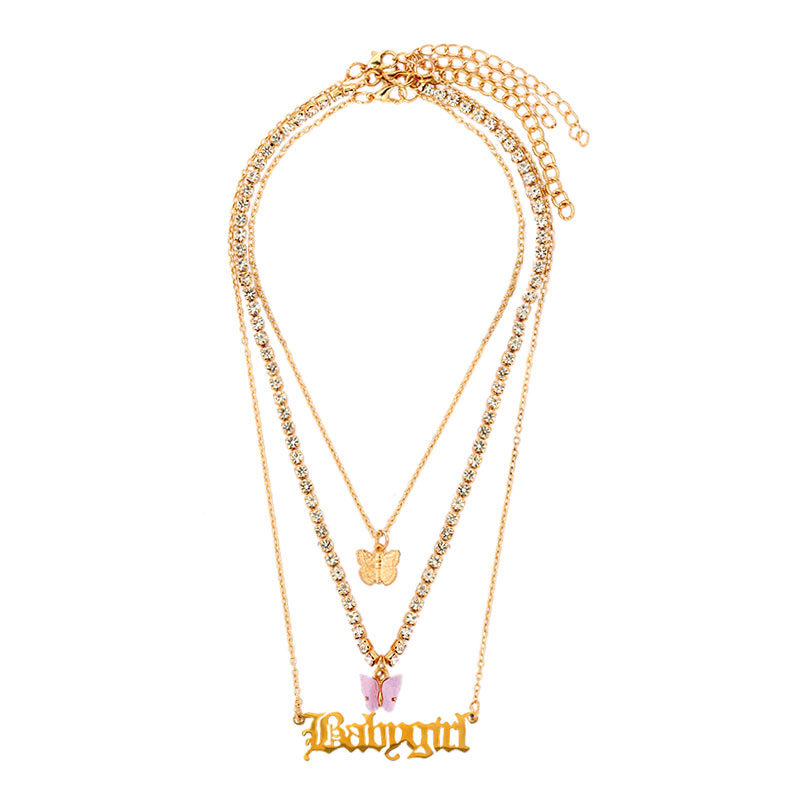 Resin Metal Butterfly Pendant Babygirl Letter Accessory Multilayer Necklace
