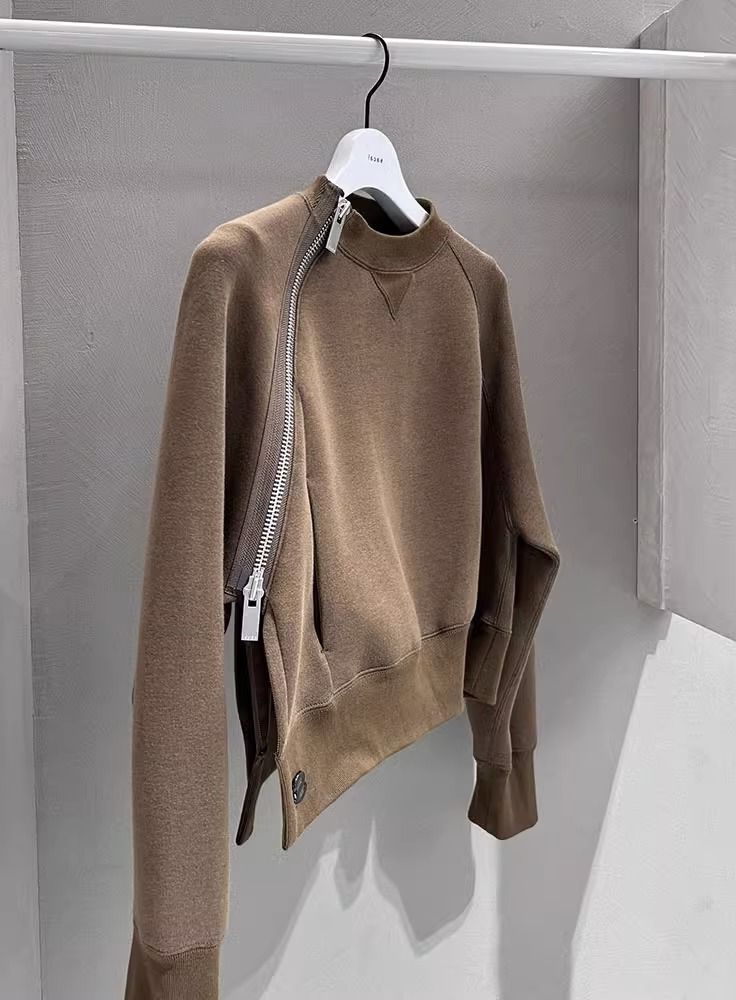 High-grade Oblique Zipper Coffee Color Sweater Coat