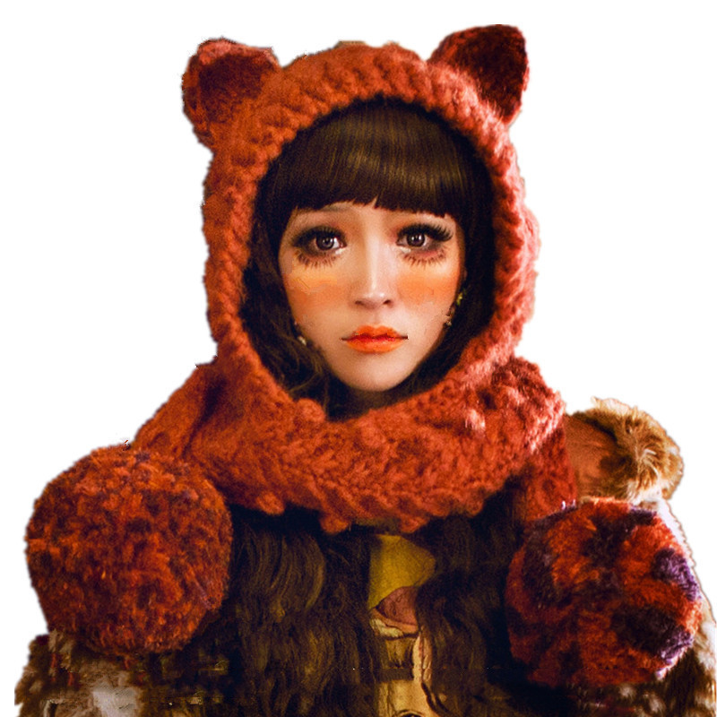 Women's Handmade Knitting Wool Hat With Scarf