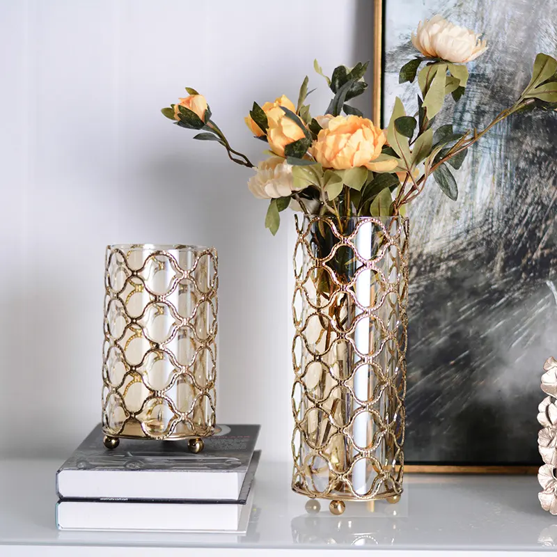 Hollow Out Glass Vases Golden Flower Arrangement Metal