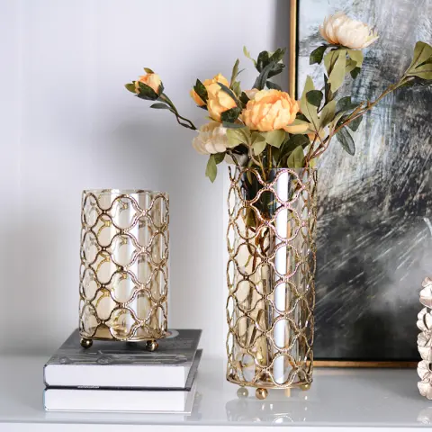 Hollow Out Glass Vases Golden Flower Arrangement Metal