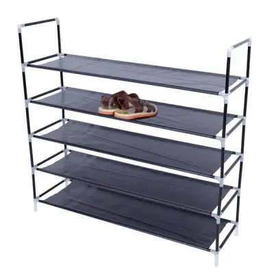 Simple Assembly 5 Tiers Non-woven Fabric Shoe Rack With Handle Black