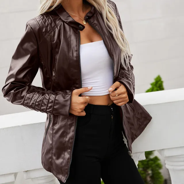 Stand up Collar Zipper Long sleeved Solid Color Women's Leather Jacket Coffee - Shop at LoveMi