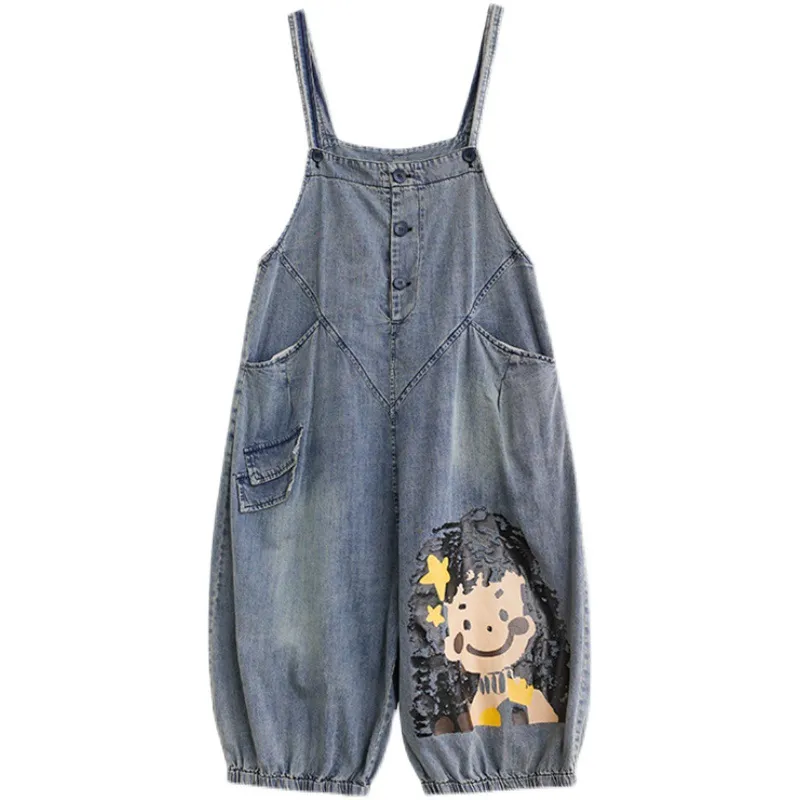 Women's Large Size Loose Thin Denim Overalls - Blue