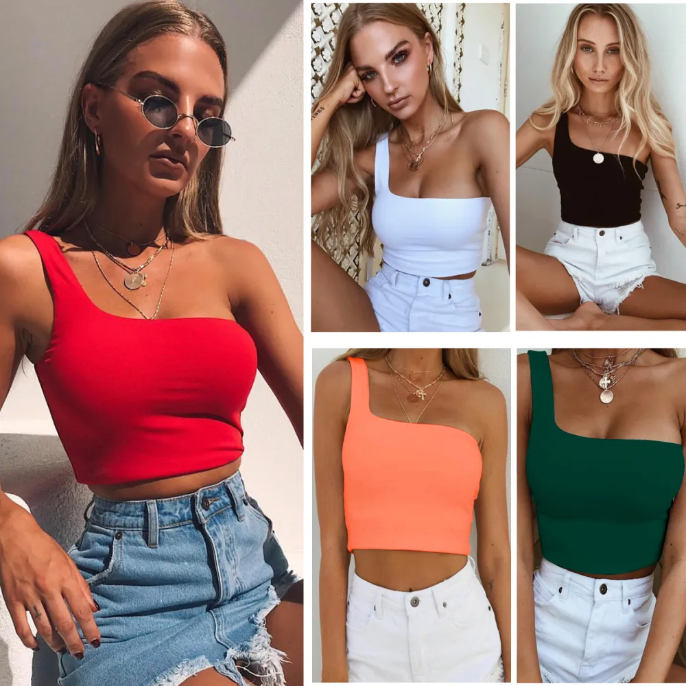 Summer Sexy One-shoulder Vest Crop Top Sleeveless T-Shirt Tank