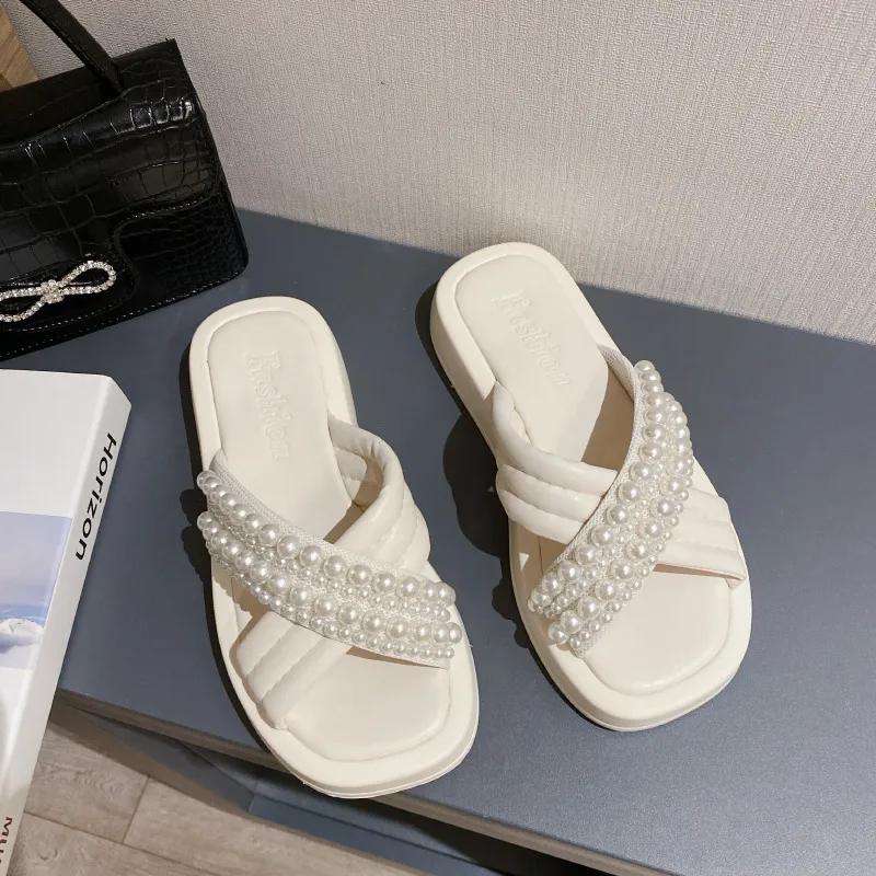 Women's Thick Bottom All Match One Word Slippers Women's Casual Sandals - Beige