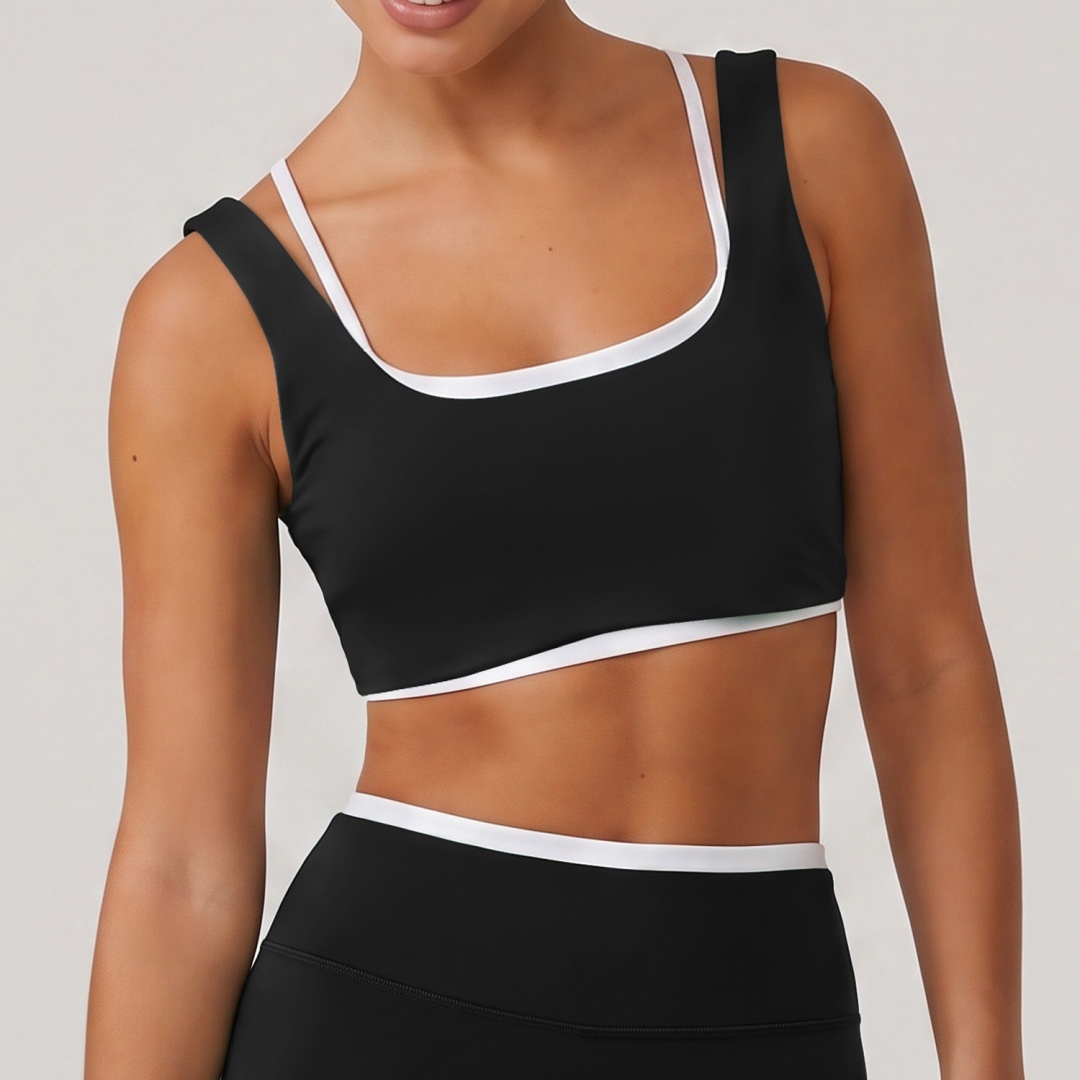 Womens Contrast Double Strap Sports Bra Square Neck Wireless Padded Yoga Crop Top