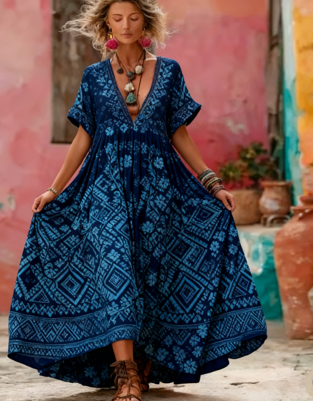Women's Floral Print V-Neck Maxi Dress