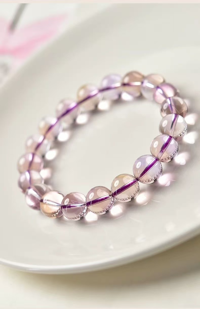 Natural Ametrine Bracelet Two Tone Round Beaded Chain Energy Jewelry For Women