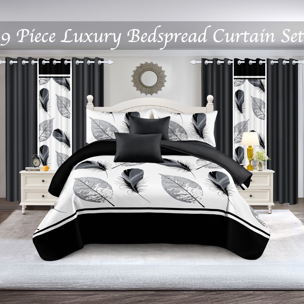 9-Piece Black And White Feather Bedspread And Curtain Set, Reversible Microfiber Bedding Set For King And California King