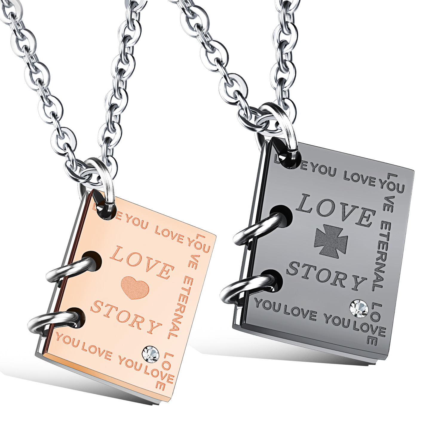 Love story book titanium steel couple necklace (silver)