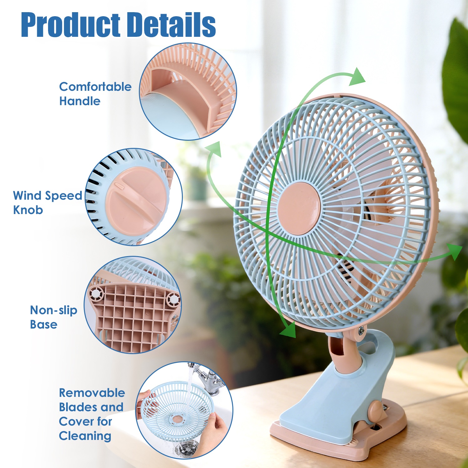 8.66In Oscillating Clip On Fan 2 Speeds Quiet Clamp Fan With 90 Degree Oscillating & Tilting Angle Desktop Wall Mount For Home Office Dorms Strollers