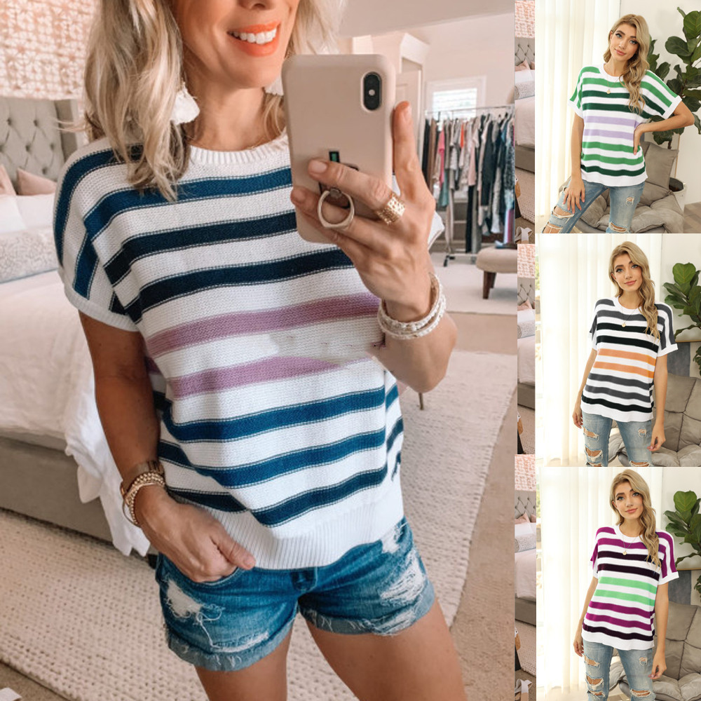 Summer Women's Suspender Knitted Sweater Stitching Short Sleeve T-Shirt