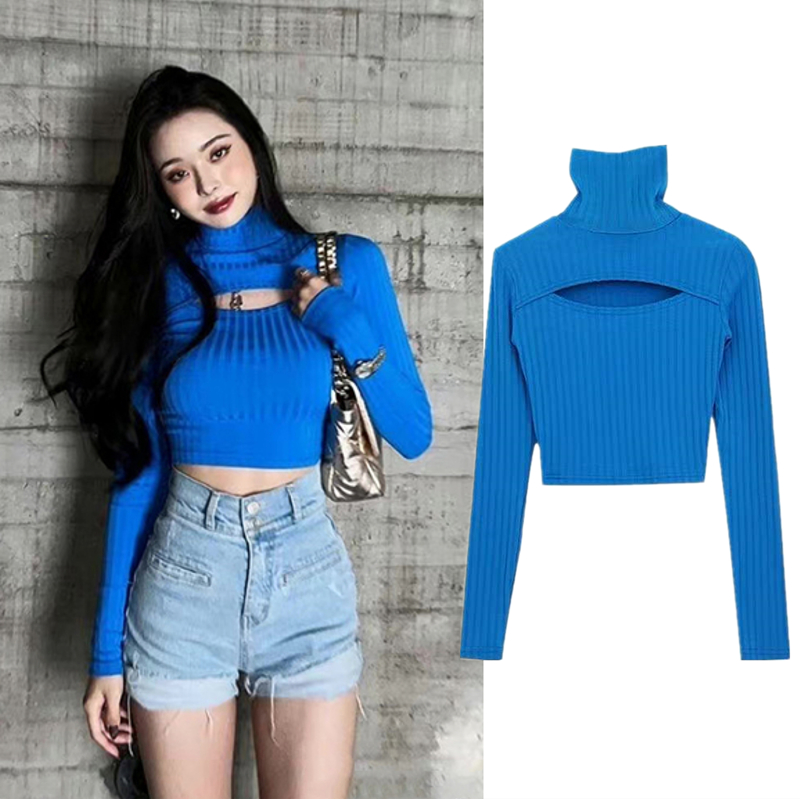Blue Half-high Collar Bottom Knit Sweater Female