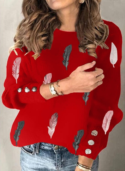 Title 2, Feather Print Round Neck Long-sleeved Knit Swea...