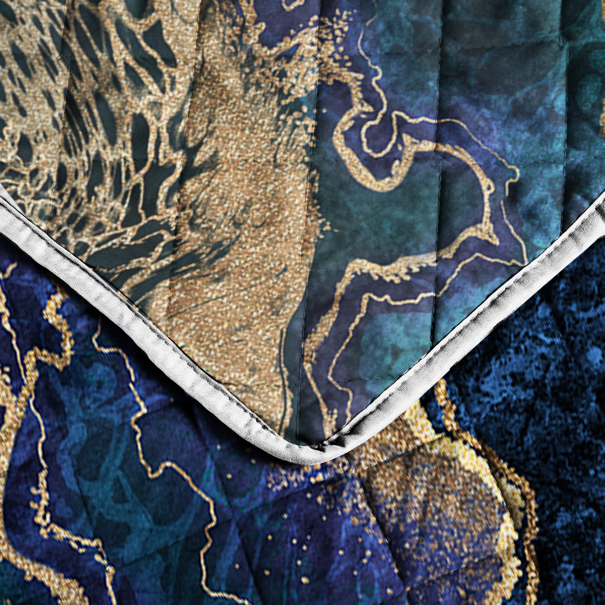 Marble Quilt Set, Blue And Gold Marble Bedding 3 Pieces, 1 Quilt & 2 Pillow Cases, Luxury Marble Bed Set