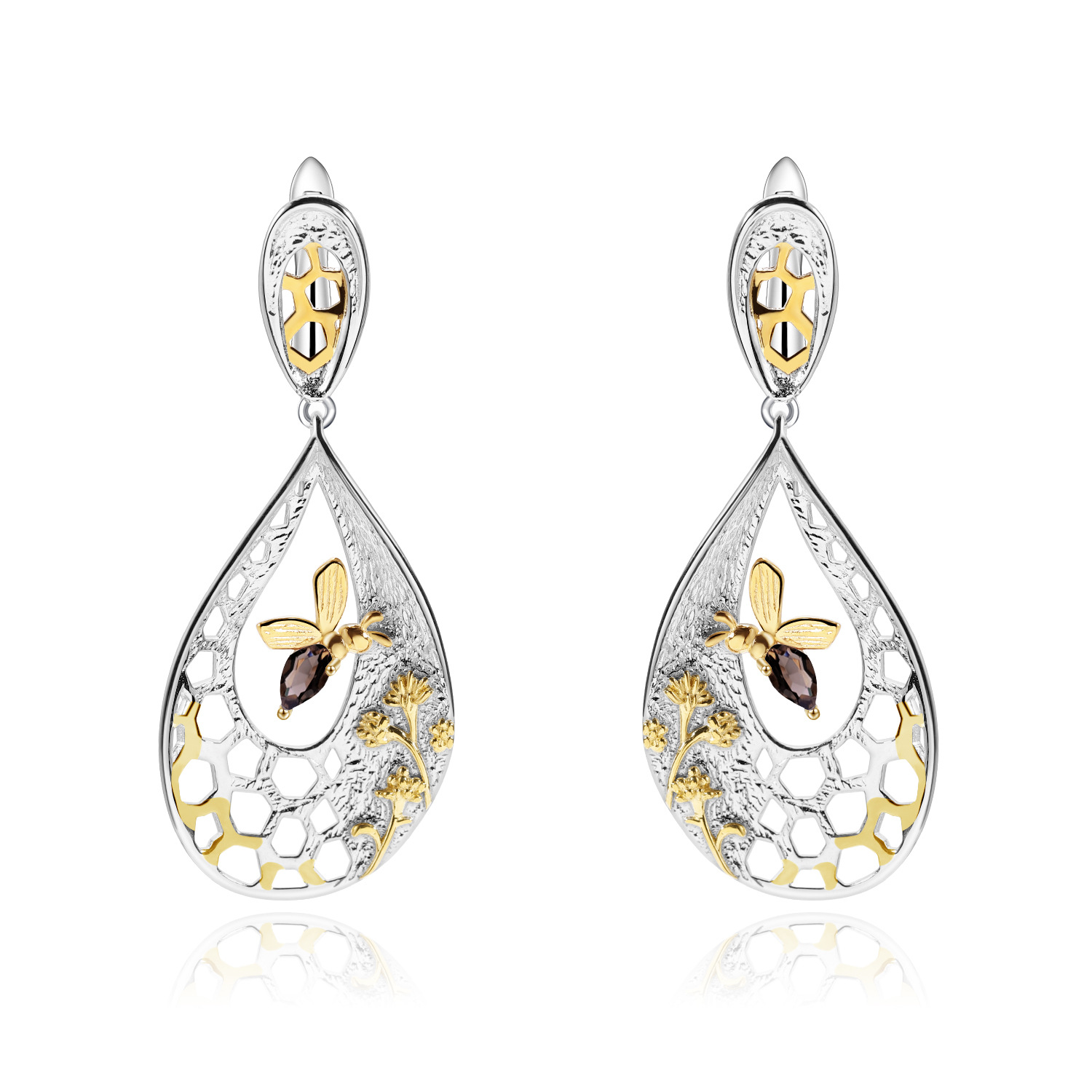 Bee Hive Design S925 Silver Natural Gem Stud Earrings