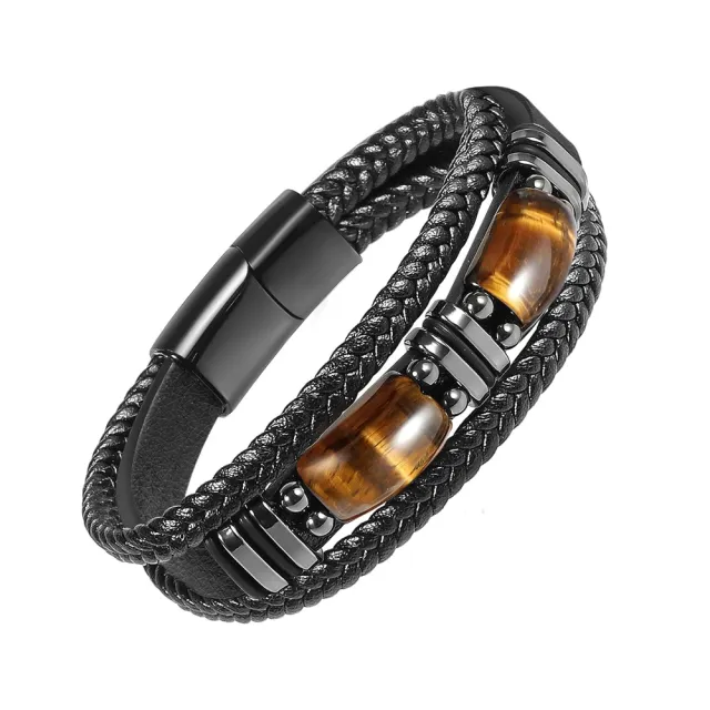 Natural Tiger Eye Stone Bracelet For Men Women Handmade Leather Braided Healing Bracelet, Courage & Luck Meaning, Birthday Christmas Gift Black - Shop at LoveMi