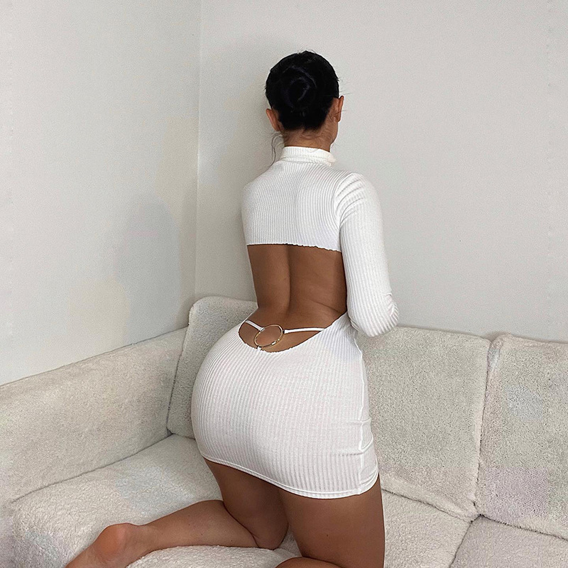 Stand neck Solid Color Open Waist And Buttock Dress White - Shop at LoveMi