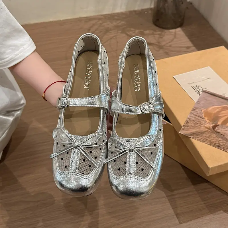 Internally Raised French Polka Dot Mary Jane Shallow Mouth Single Shoe Women's New Summer Mesh Breathable Silver Ballet Shoes