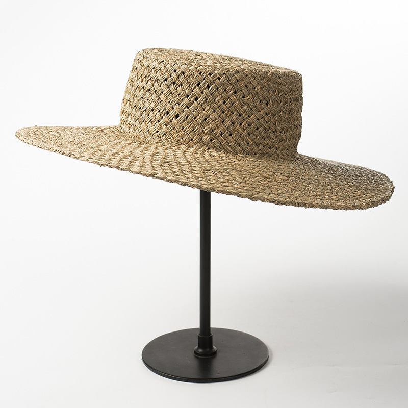Handwoven seaweed flat top straw hat