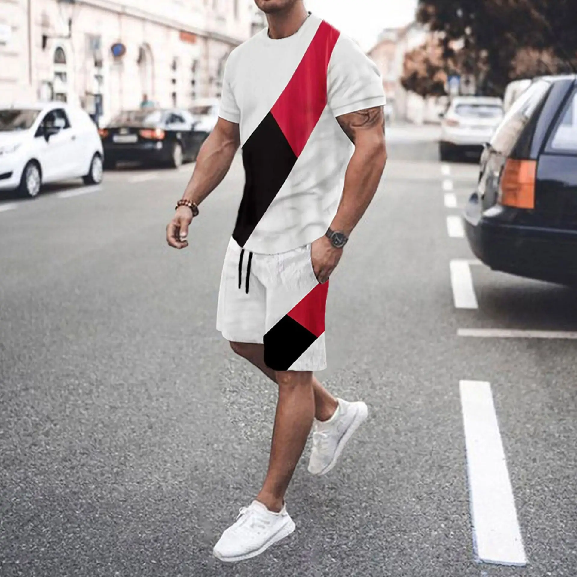 Men's Fashion Short Sleeve Shorts Set Splicing