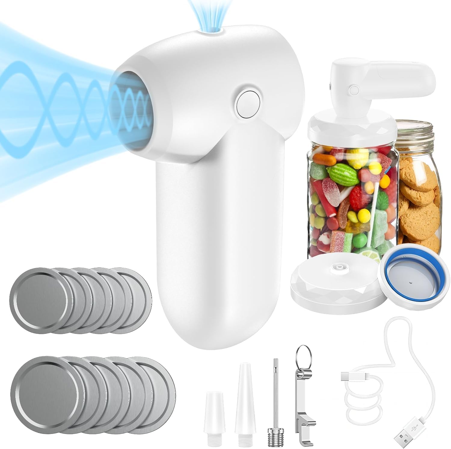 Portable Mason Jar Vacuum Sealer Kit - Max vacuum pressure kit for maintaining food freshness. Vacuum Bag for tight seal. Bike Pump, Sports Ball Pump, Balloon Pump for versatile sealing. Efficient and reusable system for extended freshness.