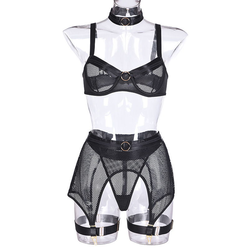 Sexy Lingerie Four Piece Mesh Metal Stitching Black - Shop at LoveMi