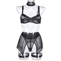 Sexy Lingerie Four Piece Mesh Metal Stitching - Black - View 1